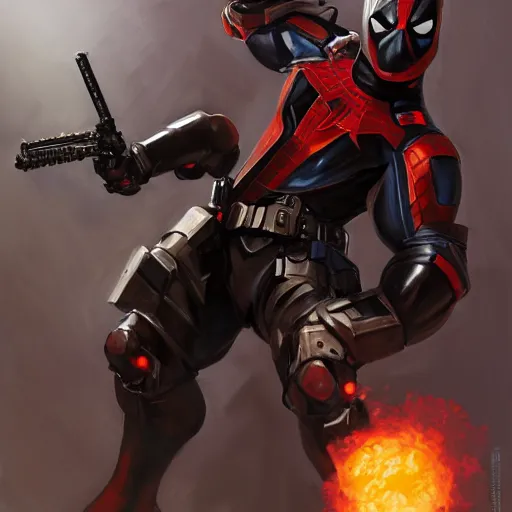 Prompt: greg manchess portrait painting of an armored dark deadpool iron spiderman as overwatch character, medium shot, asymmetrical, profile picture, organic painting, sunny day, matte painting, bold shapes, hard edges, street art, trending on artstation, by huang guangjian, gil elvgren, ruan jia, greg rutkowski, gaston bussiere