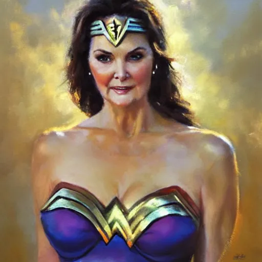 Image similar to portrait of Lynda Carter as Wonder Woman in the morning sun, Danile Gerhartz, oil painting