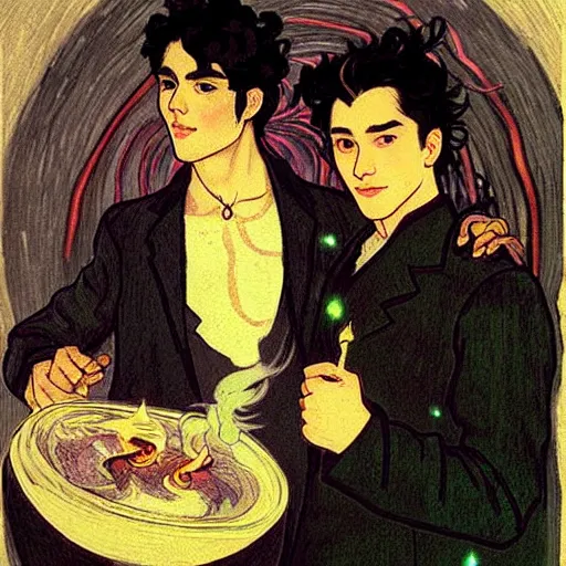 Image similar to painting of young cute handsome beautiful dark medium wavy hair man in his 2 0 s named shadow taehyung and cute handsome beautiful min - jun together at the halloween! party, bubbling cauldron!, candles!, smoke, autumn! colors, elegant, wearing suits!, clothes!, delicate facial features, art by alphonse mucha, vincent van gogh, egon schiele