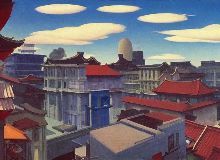 Image similar to old asian city, clouds, bird, open ceiling, strange foreign objects, oil painting by edward hopper, chirico and rene magritte