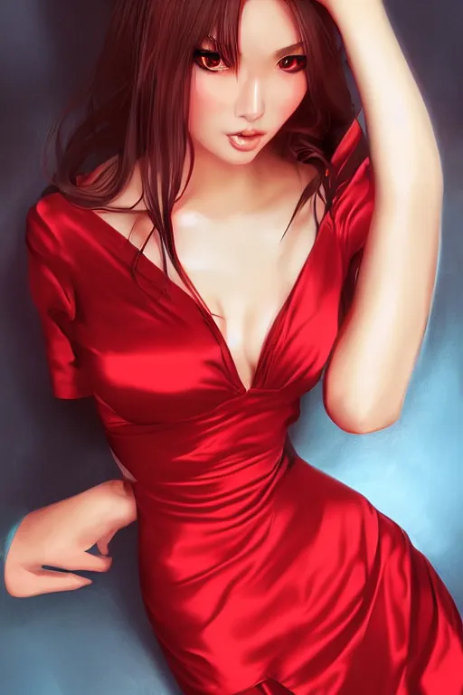 Prompt: Tanned beauty portrait, short red satin dress by Artgerm and WLOP, Pixiv