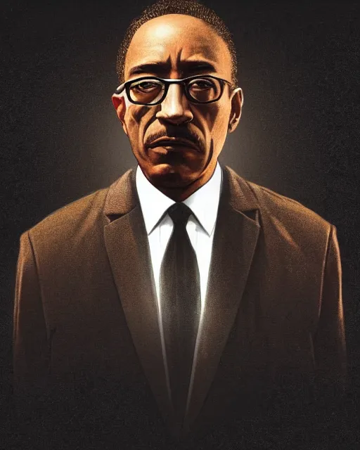 Image similar to Giancarlo Esposito as Gus Fring, backlit portrait, black background, cinematic lighting, atmospheric, digital artwork, best of artstation