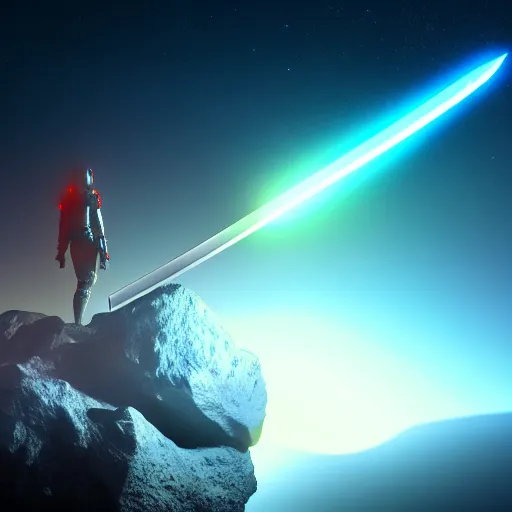 Image similar to sword standing on a glowing rock, distant planet in background, fog, glow, sharp, 4 k, lens flare, highly detailed digital art, trending on artstation