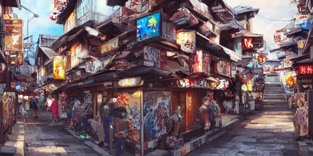 Prompt: Omoide Yokocho graffiti treasure town comics illustration digital art painting artstation depth global illumination GI AAA SSS