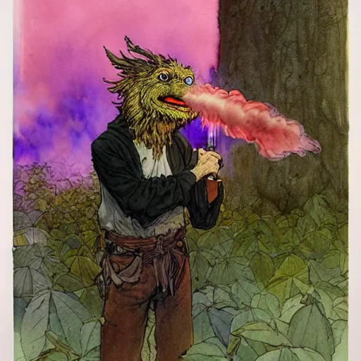 Prompt: a realistic and atmospheric watercolour fantasy character concept art portrait of elmo with pink eyes smoking a huge blunt looking at the camera with a pot leaf nearby by rebecca guay, michael kaluta, charles vess and jean moebius giraud