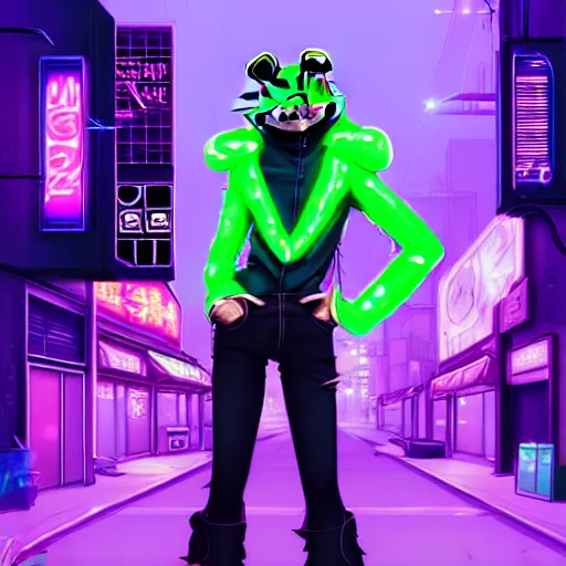 Prompt: beautiful furry digital art portrait commission of an androgynous anthro frog fursona wearing punk clothes in the streets of a cyberpunk city. neon signs. character design by charlie bowater, ross tran, artgerm, and makoto shinkai