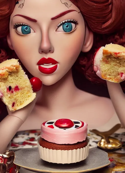 Image similar to closeup of a tin toy scarlett johansson eating cakes, depth of field, zeiss lens, detailed, symmetrical, centered, fashion photoshoot, by nicoletta ceccoli, mark ryden, lostfish, earl nore, hyung tae, frank frazetta, breathtaking, 8 k resolution, extremely detailed, beautiful, establishing shot, artistic, hyperrealistic, octane render