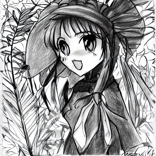 Image similar to a drawing of reimu in the jungle wearing bonnet