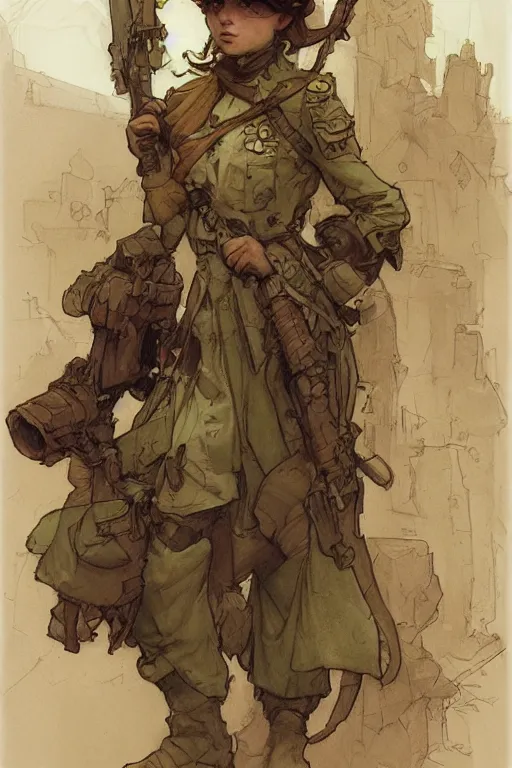 Image similar to pencil sketch of cute soldier girl by marc simonetti and brian froud and Mike Mignola and Alfons Maria Mucha and peter mohrbacher, hyperdetailed