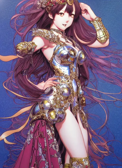 Image similar to highly detailed artgerm artstation minaba hideo fantastic fate katsuhiro otomo manga poster of princess mechine, minaba hideo,, long hair, armor, dress, laces, ruffles, 8 k, fluorescent, maximalist, jump comics, art nouveau, alphonse mucha