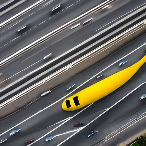 Image similar to banana-shaped car driving on busy highway, drone photograph