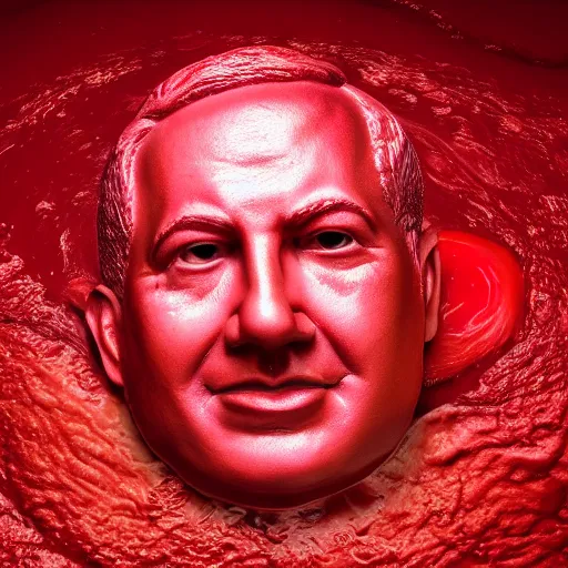 Image similar to a sculpture made out red jelly in the sea of a giant benjamin netanyahu head, long shot, hyper detailed, hyper realistic, ray tracing, 8 k resolution, sharp focus, realistic water, award winning