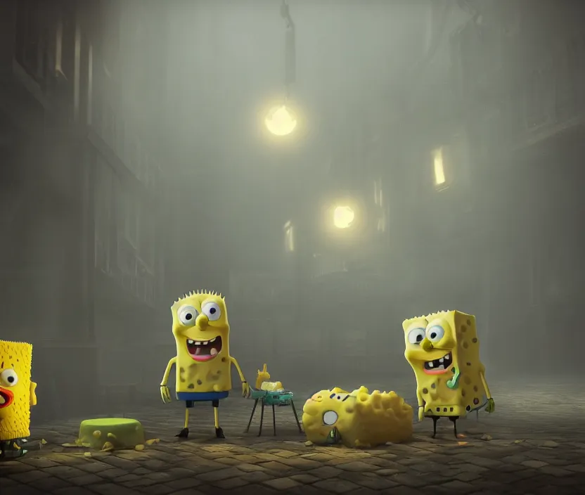 Prompt: SpongeBob, gloomy and foggy atmosphere, octane render, artstation trending, horror scene, highly detailded