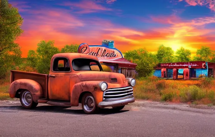 Image similar to A beautiful colorful evening scene of route66, old road with abandoned gas station and rusty old pickup truck, hyper realistic, blinding backlight evening sun, sparkling sun rays, epic scene, intense setting, evening vibe