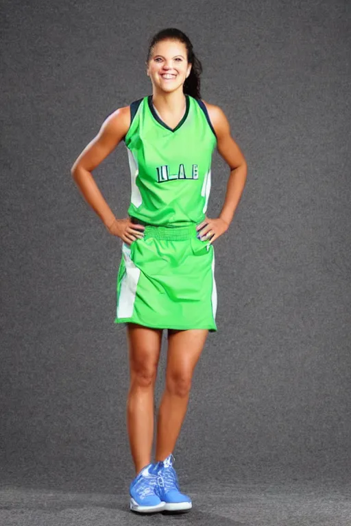 Image similar to character photo. female basketball player in light green sleeveless dress, gleefully telling a bs story full of lies. danielle campbell. facial expression of manic obsessive love. black hair in ponytail. bright blue eyes. built like basketball player