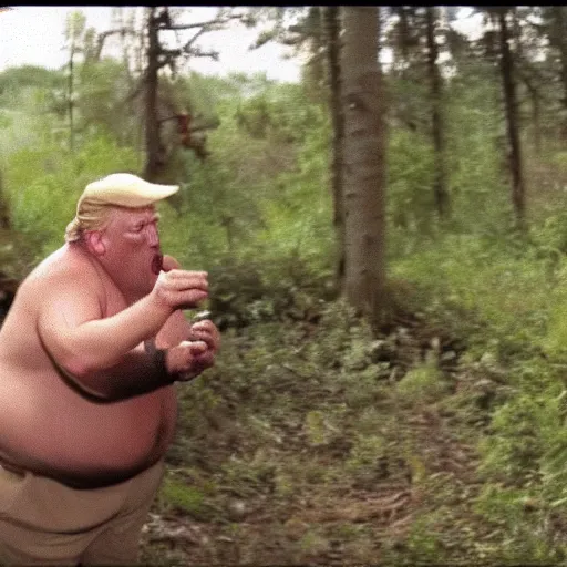 Image similar to trail cam footage of obese Donald Trump eating a burger