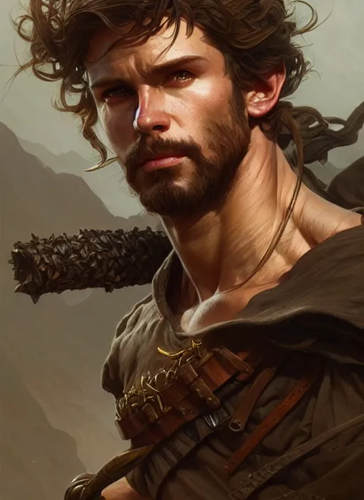 Image similar to Portrait of rugged male ranger, D&D, muscular, fantasy, intricate, elegant, highly detailed, digital painting, artstation, concept art, smooth, sharp focus, illustration, art by artgerm and greg rutkowski and alphonse mucha