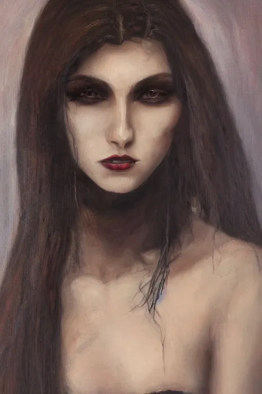 Prompt: by inci eviner oil painting, close - up portrait of european medieval brunette vampire fashion model, knight, steel gradient, in style of inci eviner,