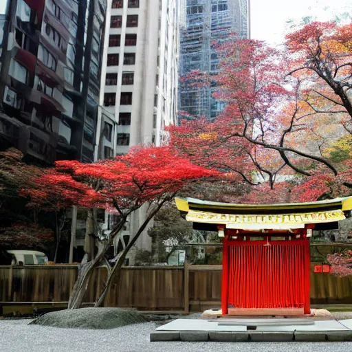 Prompt: a beautiful shinto shrine made with locally available materials and colors, standing among skyscrapers in manhattan, by makoto shinkai