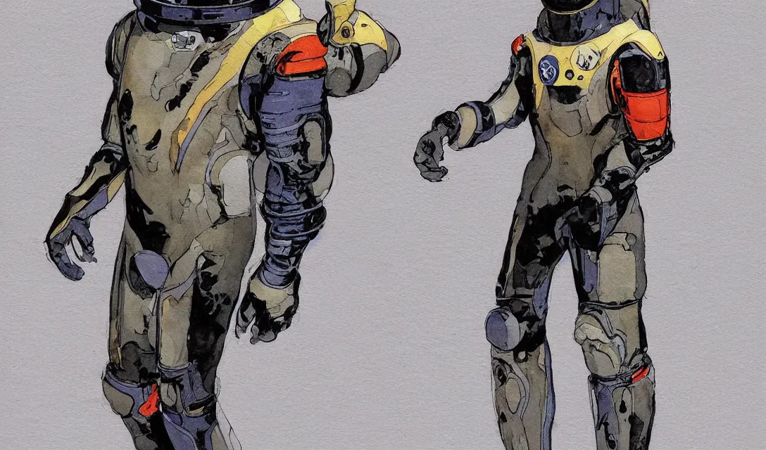 Image similar to male, full body, modern space suit, very stylized character design, large shoulders, short torso, long thin legs, tiny feet, science fiction, hyperdetailed, technical suit, shoulderpads, watercolor digital painting, by mike mignola, by alex maleev, jean giraud, painted by leyendecker