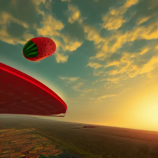 Image similar to A watermelon skydiving from a plane, dynamic lighting, cinematic, ultra detailed, trending on art station