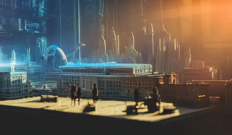 Image similar to crowd of people in simple windowed warehouse, looking at hologram of futuristic city on a table, cinematic concept art, godrays, golden hour, natural sunlight, 4 k, clear details, tabletop model buildings, center model buildings, hologram center, crane shot, crane shot, crane shot