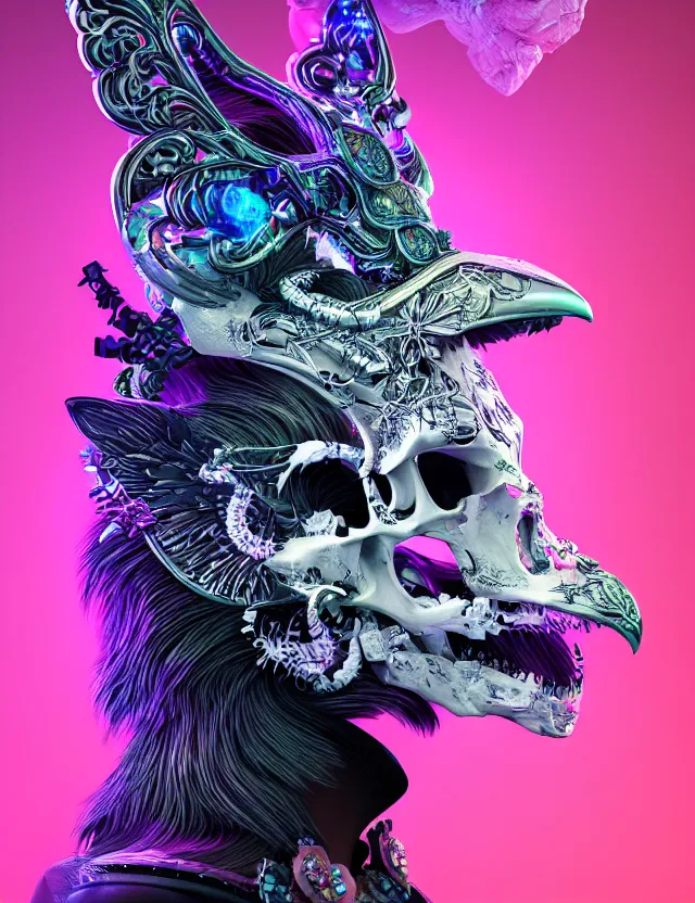 Image similar to 3 d goddess close - up profile portrait with raven skull. beautiful intricately detailed avante garde wolf mask and futurepunk outfit. neon moths, bio luminescent, frost, splash,, creature, artwork by tooth wu and wlop and beeple and greg rutkowski