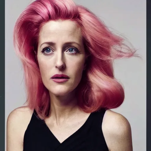 Prompt: photo of a gorgeous Gillian Anderson pink hair punk hairstyle by Mario Testino, detailed, full body shot, award winning, Sony a7R