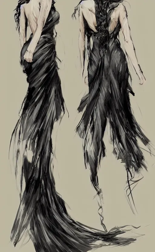 Image similar to a woman sitting in a long gown, her back is to us completely, pinterest hair picture, back of the hair, long In style of Yoji Shinkawa and Hyung-tae Kim, concept art, highly detailed