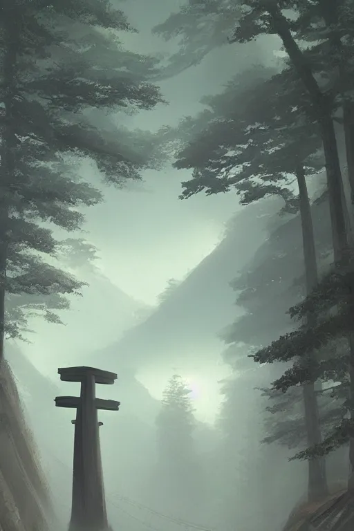 Image similar to Japanese Torii in a moutain with trees ,morning , by Grzegorz Rutkowski, concept art