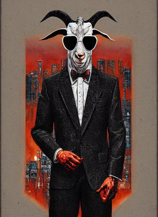 Prompt: a painting of a goat wearing a suit and tie, cyberpunk art by Jeffrey Smith, behance contest winner, digital art, artstation hq, darksynth, digital illustration