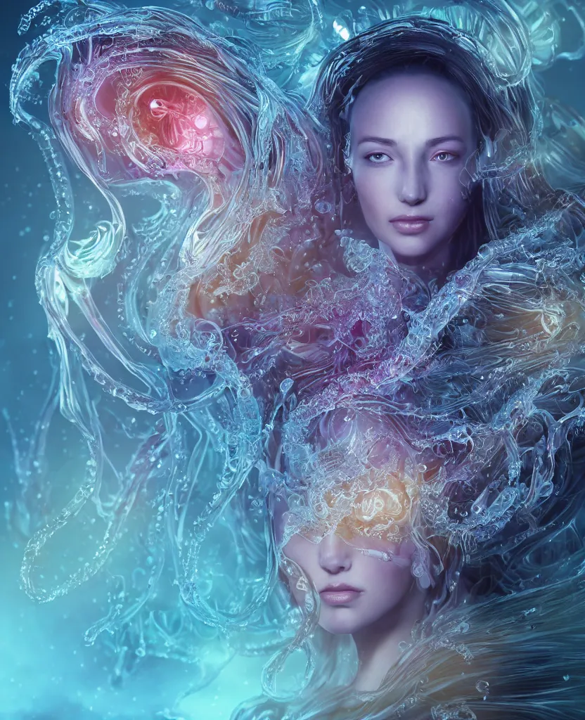 Image similar to close-up macro portrait of the face of a beautiful princess, epic angle and pose, symmetrical artwork, 3d with depth of field, blurred background, cybernetic jellyfish female face skull phoenix bird, translucent, nautilus, energy flows of water and fire. a highly detailed epic cinematic concept art CG render. made in Maya, Blender and Photoshop, octane render, excellent composition, cinematic dystopian brutalist atmosphere, dynamic dramatic cinematic lighting, aesthetic, very inspirational, arthouse. y Greg Rutkowski, Ilya Kuvshinov, WLOP, Stanley Artgerm Lau, Ruan Jia and Fenghua Zhong