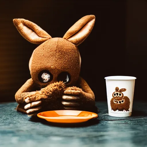 Image similar to a huggable brown chibi plush rabbit muppet monk wearing a wolf skull and dat beside a cup of tea, photorealistic, nature, photography, national geographic, sesame street