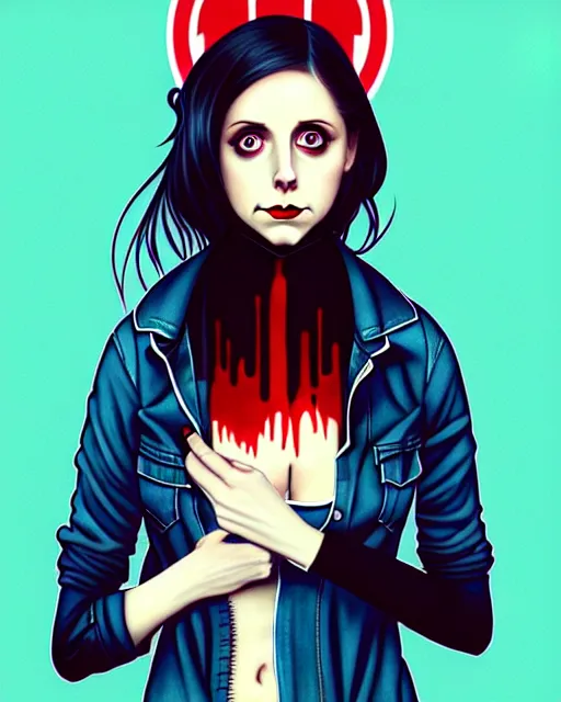 Prompt: loish, artgerm, Joshua Middleton art, pretty female Alison Brie serial killer holding bloody knife in right hand five fingers, blood on clothes and face, sarcastic smile, symmetrical eyes, symmetrical face, full body, jean jacket, jeans, short blonde hair, middle shot, night time, deep blacks
