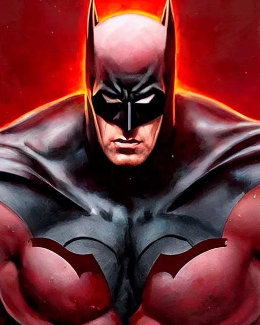 Prompt: character portrait of a muscular old batman with the batlogo in his chest made of blood, piercing bright red eyes, and pale skin, by greg rutkowski, mark brookes, jim burns, tom bagshaw, trending on artstation