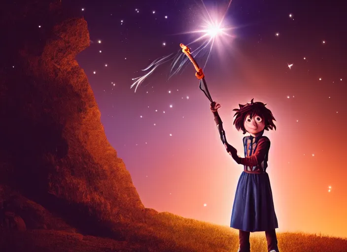 Image similar to a young adult wizard with very detailed face, hair clothes and shoes holds their wand fiercely in their hand from which a blast of bright magic flies from the end of the wand, on an empty moonlit hill, dramatic lighting, lens flare, 3 5 mm full frame professional photography, kodachrome