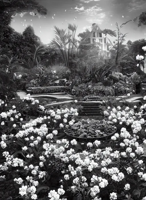 Image similar to old lost footage in black and white of a beautiful garden with flower and fruits,hyper realistic 8K HD real life photo
