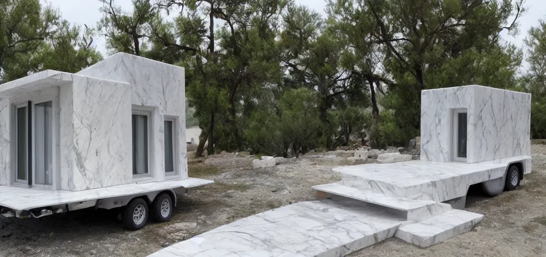 Image similar to greek tiny house on trailer made of marble designed by iktinos and callicrates.