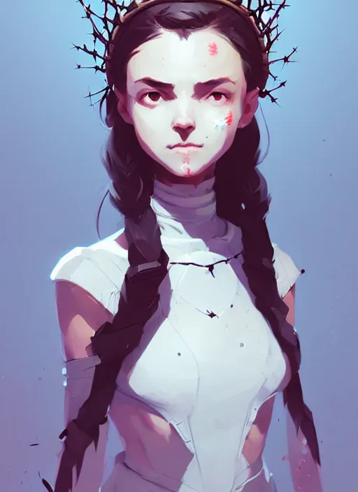 Image similar to portrait of cute maiden girl with crown of thorns and white short hairs, warhammer, cyberpunk, by atey ghailan, by greg rutkowski, by greg tocchini, by james gilleard, by joe gb fenton, by kaethe butcher, dynamic lighting, gradient light blue, brown, blonde cream and white color in scheme, grunge aesthetic