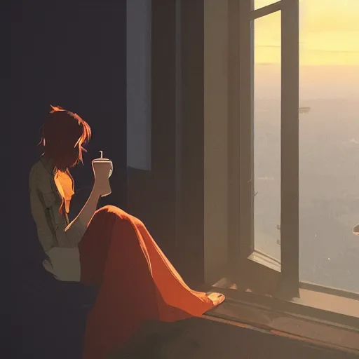 Prompt: a beautiful picture of a woman drinking a coffee and watching the sunrise at the window of her loft in a skyscraper by greg rutkowski and pascal campion trending on artstation, warm colors scheme