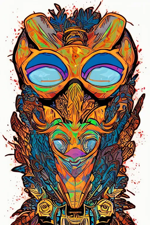 Image similar to animal mask totem roots flower tribal feather gemstone plant wood rock shaman vodoo video game vector cutout illustration vivid multicolor borderlands comics by josan gonzales and dan mumford radiating a glowing aura