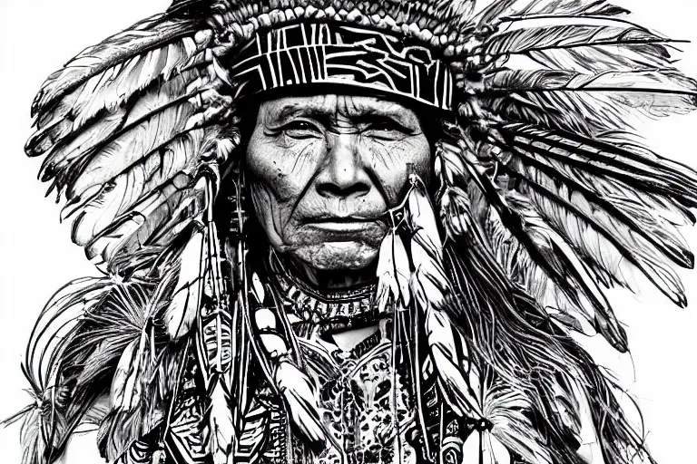 Prompt: strong native americans, beautiful line art, ink illustration, sketch, pure b&w