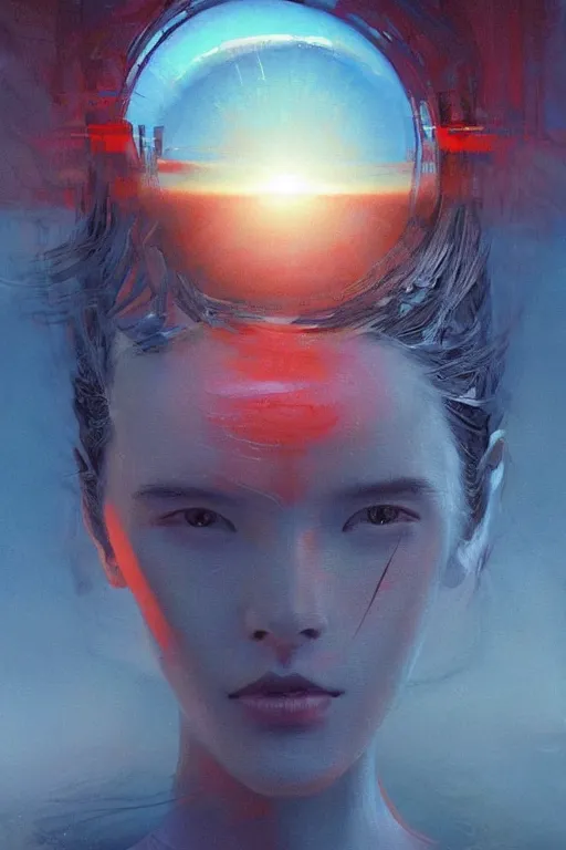 Image similar to 3 d, sci - fi, sunrise, sleepy fashion model face, happy blue faces, sun, cinematic, vogue cover style, poster art, light red and deep blue mood, realistic painting, intricate oil painting, high detail, figurative art, multiple exposure, poster art, 3 d, by tooth wu and wlop and beeple and greg rutkowski