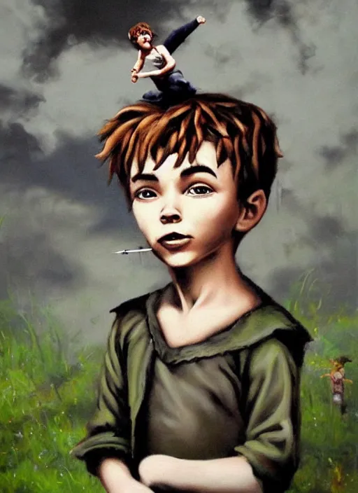 Image similar to lifelike oil painting portrait of peter pan by banksy