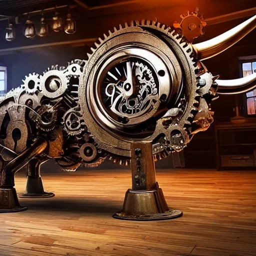 Image similar to a clockwork mechanical bull there are gears sticking out of the bull the room is filled with steam, ultra high detail, high particle effects, highly reflective surface, realistic reflections