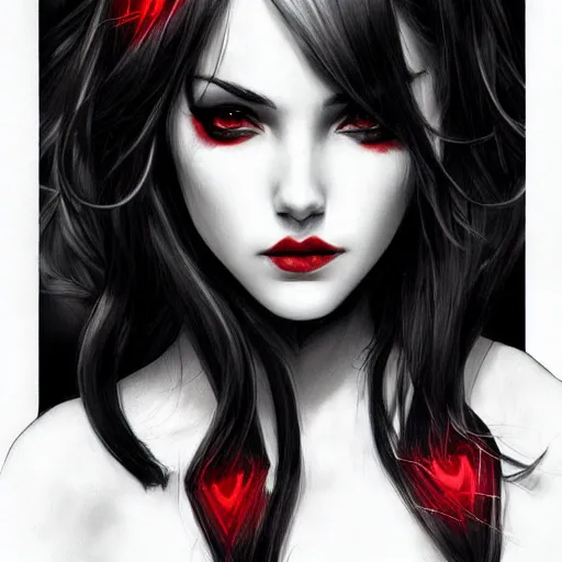 Image similar to princess of darkness, style of artgerm comic, red, piercing eyes, long glowing black and white hair, waterhouse, character art, headshot, matte