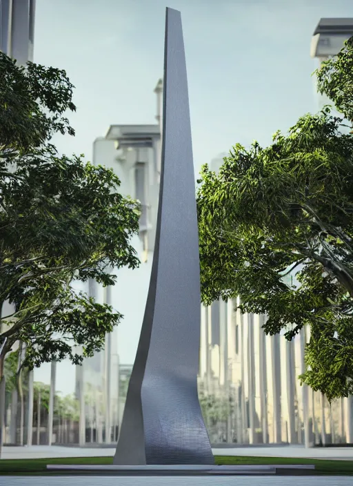 Image similar to highly detailed realistic architecture 3 d render of a huge high futuristic concrete stele sculpture in zaha hadid style standing in city park, archdaily, made in unreal engine 4 octane render