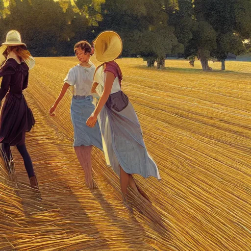 Image similar to ultra realistic illustration of three young friends walking on rails through the fields of hay, sunny summer day, nice mood, highly detailed, digital painting, artstation, concept art, smooth, sharp focus, illustration, art by artgerm and greg rutkowski and alphonse mucha