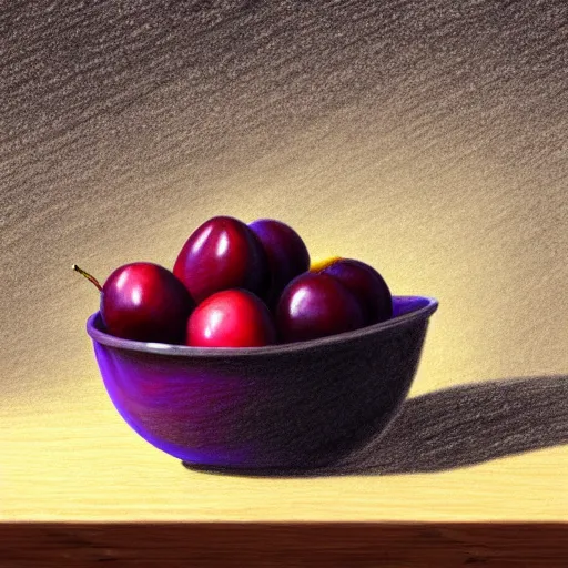 Prompt: drawing of a single bowl filled with a few moist freshly picked plums on a wooden table. painting, illustration, volumetric lighting, detailed, small scale, art, trending on artstation.