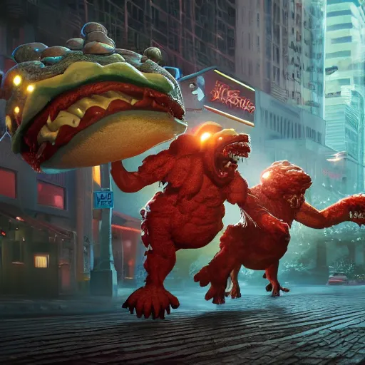Image similar to fast food monsters, hyper realistic, ambient lighting, concept art, intricate, hyper detailed, smooth, dynamic volumetric lighting, octane, raytrace, cinematic, high quality, high resolution, 4 k, cgsociety, rutkowski, gurney